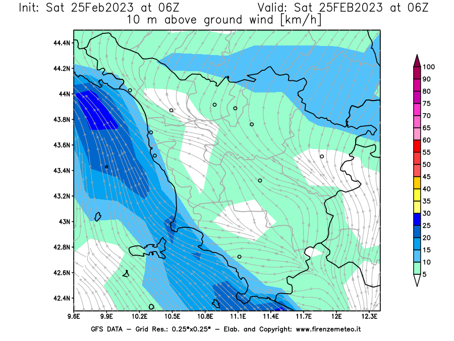 Mappa di analisi GFS - Velocità del vento a 10 metri dal suolo [km/h] in Toscana
							del 25/02/2023 06 <!--googleoff: index-->UTC<!--googleon: index-->