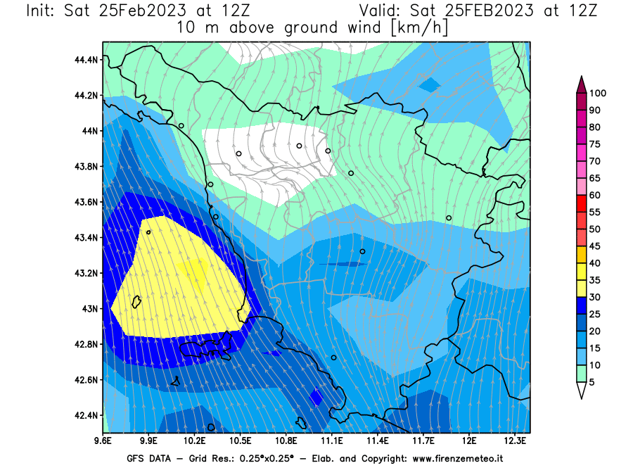 Mappa di analisi GFS - Velocità del vento a 10 metri dal suolo [km/h] in Toscana
							del 25/02/2023 12 <!--googleoff: index-->UTC<!--googleon: index-->