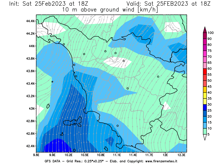 Mappa di analisi GFS - Velocità del vento a 10 metri dal suolo [km/h] in Toscana
							del 25/02/2023 18 <!--googleoff: index-->UTC<!--googleon: index-->