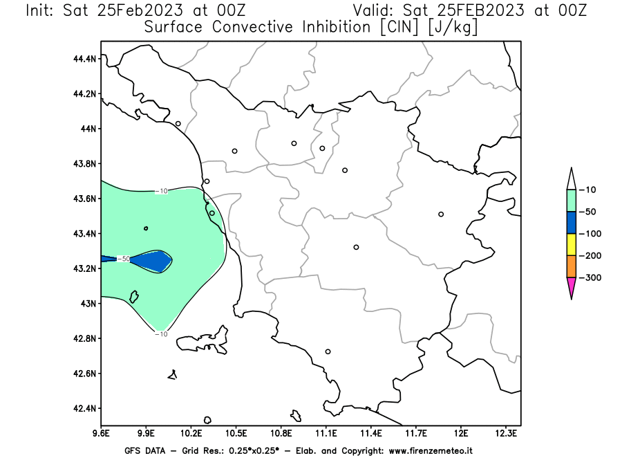 Mappa di analisi GFS - CIN [J/kg] in Toscana
							del 25/02/2023 00 <!--googleoff: index-->UTC<!--googleon: index-->