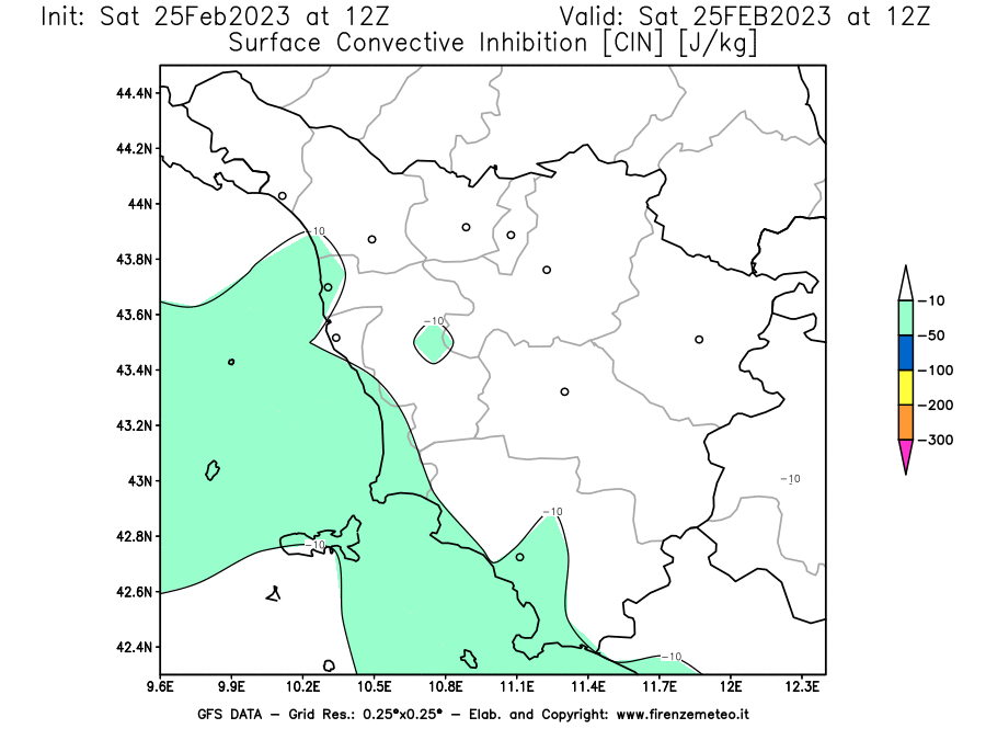 Mappa di analisi GFS - CIN [J/kg] in Toscana
							del 25/02/2023 12 <!--googleoff: index-->UTC<!--googleon: index-->