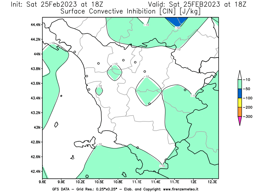 Mappa di analisi GFS - CIN [J/kg] in Toscana
							del 25/02/2023 18 <!--googleoff: index-->UTC<!--googleon: index-->