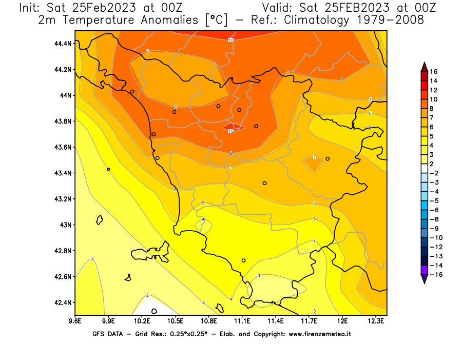 Mappa di analisi GFS - Anomalia Temperatura [°C] a 2 m in Toscana
							del 25/02/2023 00 <!--googleoff: index-->UTC<!--googleon: index-->