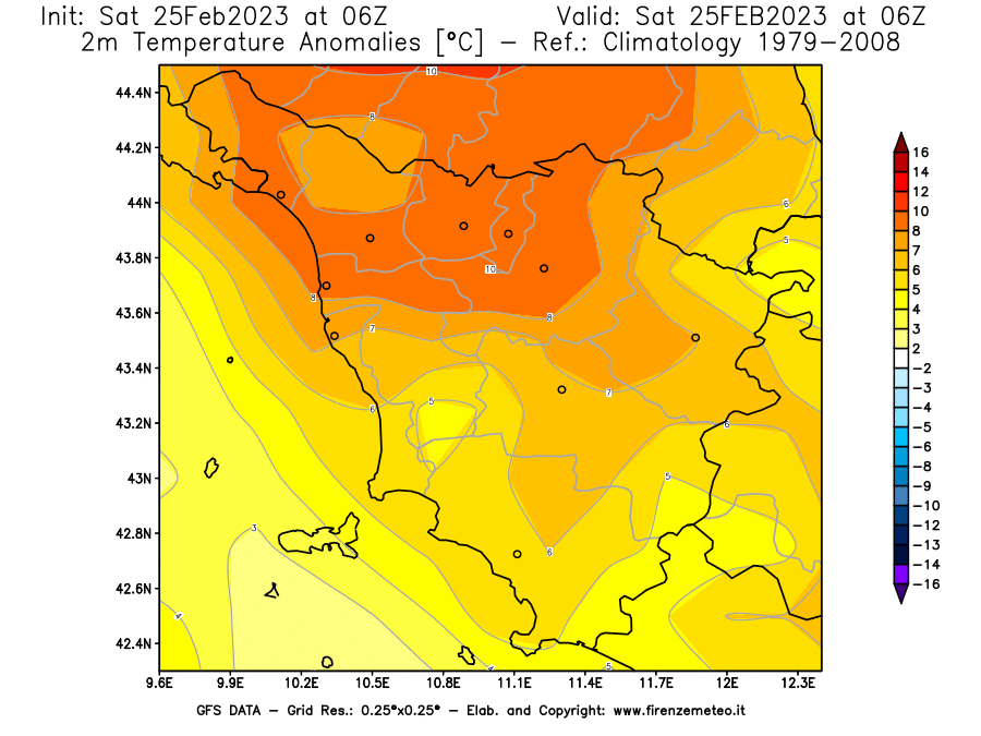 Mappa di analisi GFS - Anomalia Temperatura [°C] a 2 m in Toscana
							del 25/02/2023 06 <!--googleoff: index-->UTC<!--googleon: index-->