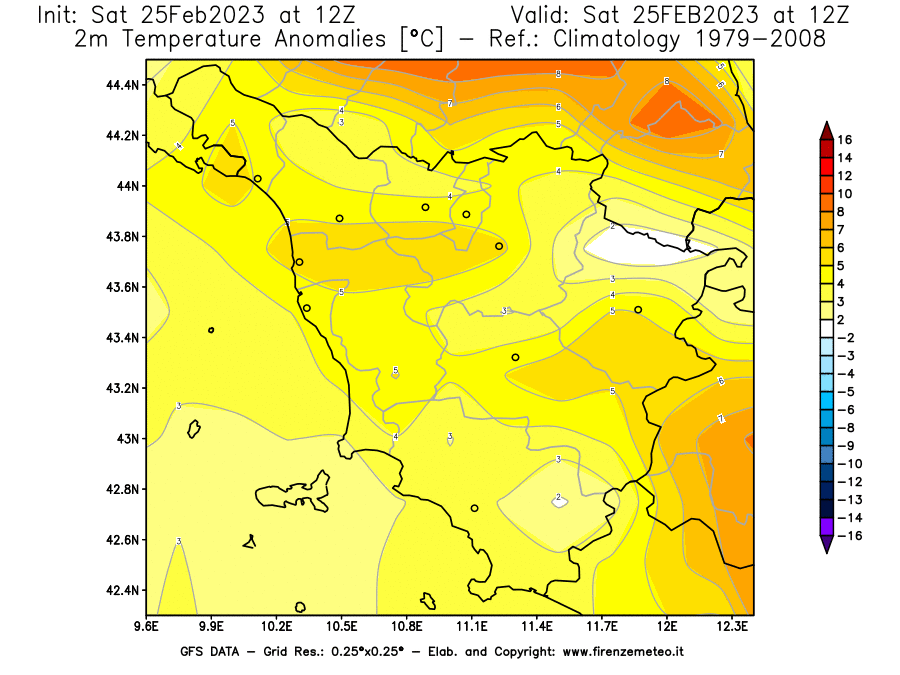 Mappa di analisi GFS - Anomalia Temperatura [°C] a 2 m in Toscana
							del 25/02/2023 12 <!--googleoff: index-->UTC<!--googleon: index-->