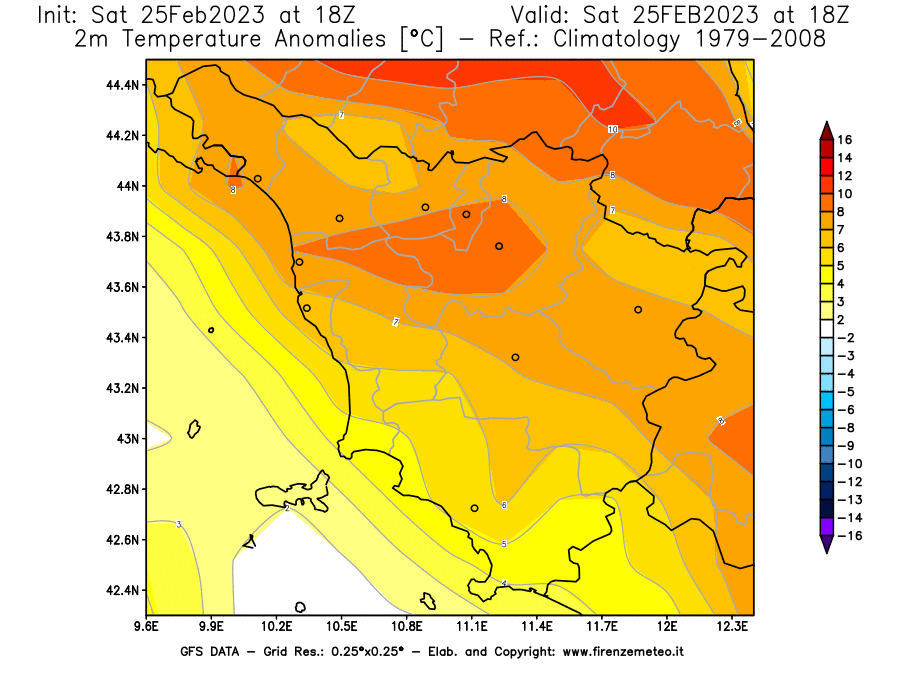 Mappa di analisi GFS - Anomalia Temperatura [°C] a 2 m in Toscana
							del 25/02/2023 18 <!--googleoff: index-->UTC<!--googleon: index-->