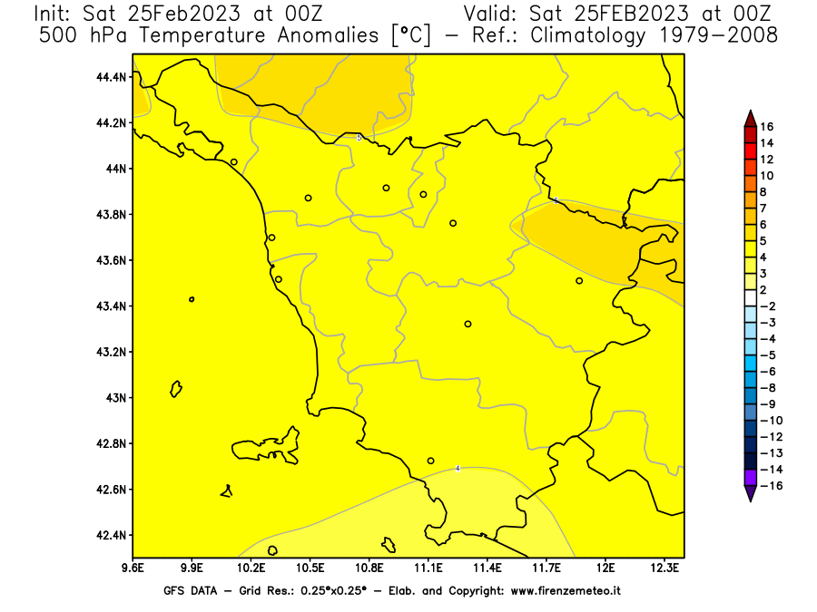 Mappa di analisi GFS - Anomalia Temperatura [°C] a 500 hPa in Toscana
							del 25/02/2023 00 <!--googleoff: index-->UTC<!--googleon: index-->