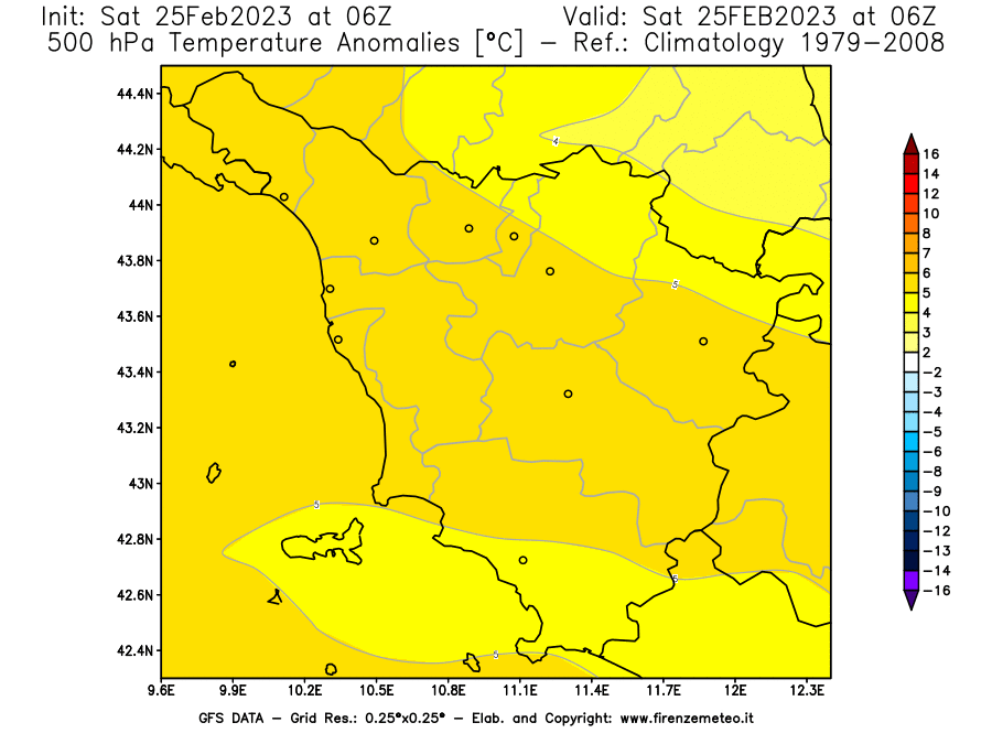 Mappa di analisi GFS - Anomalia Temperatura [°C] a 500 hPa in Toscana
							del 25/02/2023 06 <!--googleoff: index-->UTC<!--googleon: index-->