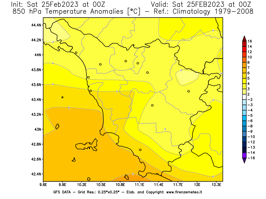 Mappa di analisi GFS - Anomalia Temperatura [°C] a 850 hPa in Toscana
							del 25/02/2023 00 <!--googleoff: index-->UTC<!--googleon: index-->