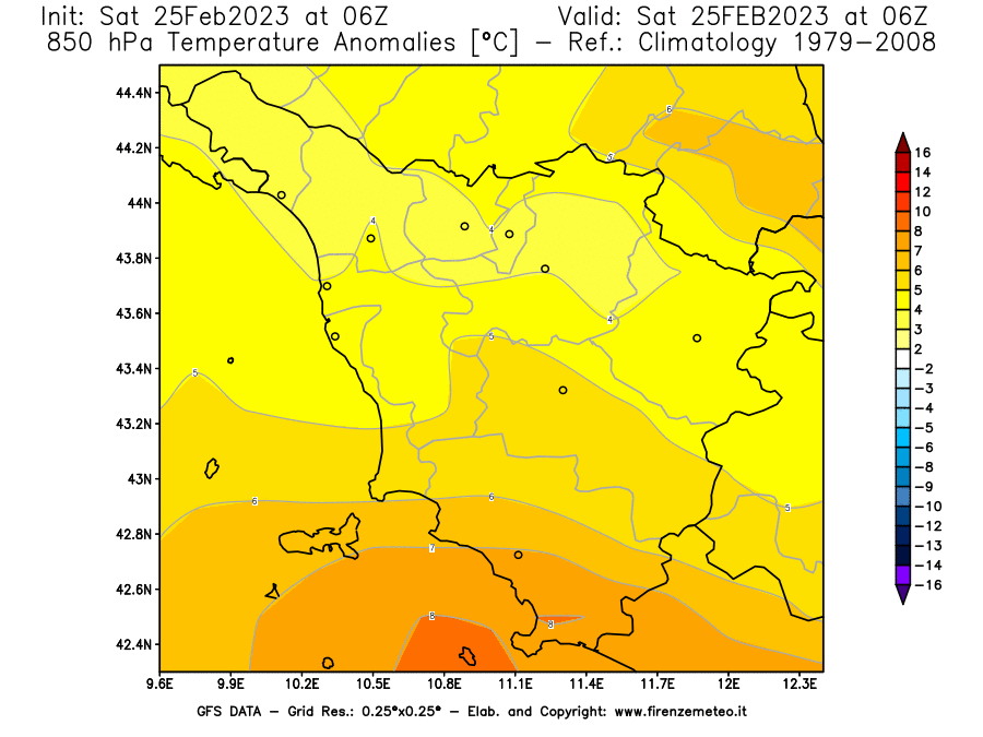 Mappa di analisi GFS - Anomalia Temperatura [°C] a 850 hPa in Toscana
							del 25/02/2023 06 <!--googleoff: index-->UTC<!--googleon: index-->