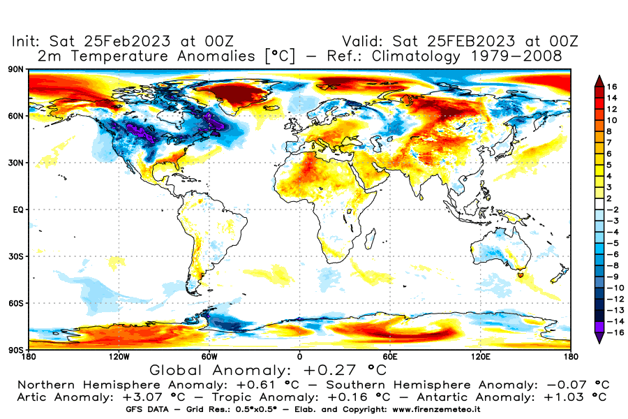 Mappa di analisi GFS - Anomalia Temperatura [°C] a 2 m in World
							del 25/02/2023 00 <!--googleoff: index-->UTC<!--googleon: index-->