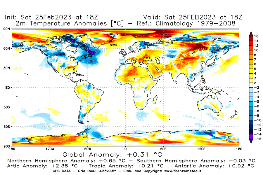 Mappa di analisi GFS - Anomalia Temperatura [°C] a 2 m in World
							del 25/02/2023 18 <!--googleoff: index-->UTC<!--googleon: index-->