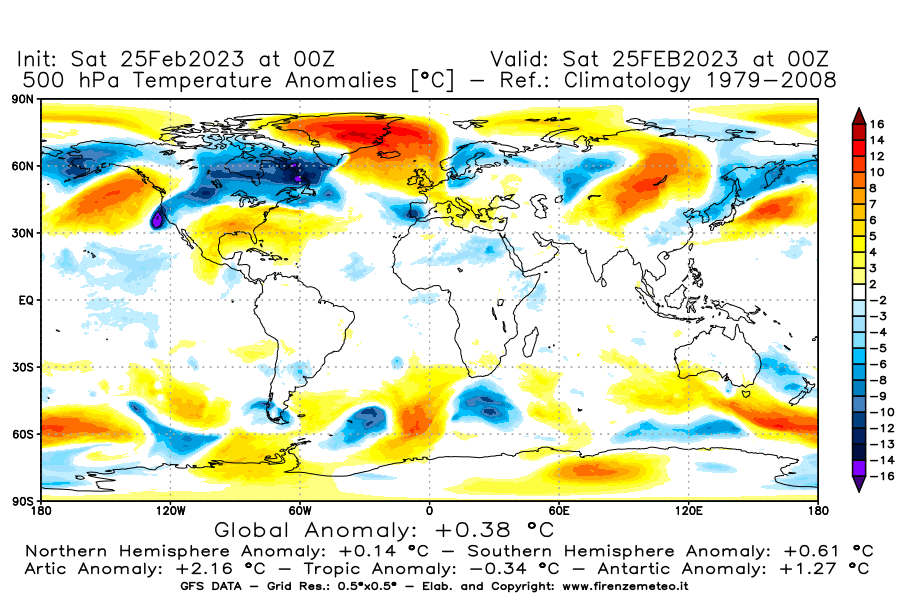 Mappa di analisi GFS - Anomalia Temperatura [°C] a 500 hPa in World
							del 25/02/2023 00 <!--googleoff: index-->UTC<!--googleon: index-->