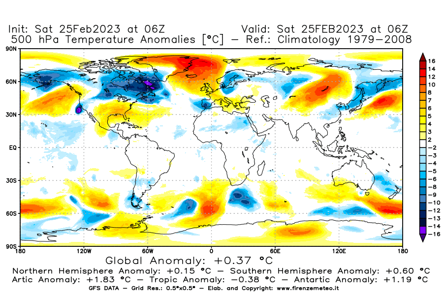 Mappa di analisi GFS - Anomalia Temperatura [°C] a 500 hPa in World
							del 25/02/2023 06 <!--googleoff: index-->UTC<!--googleon: index-->