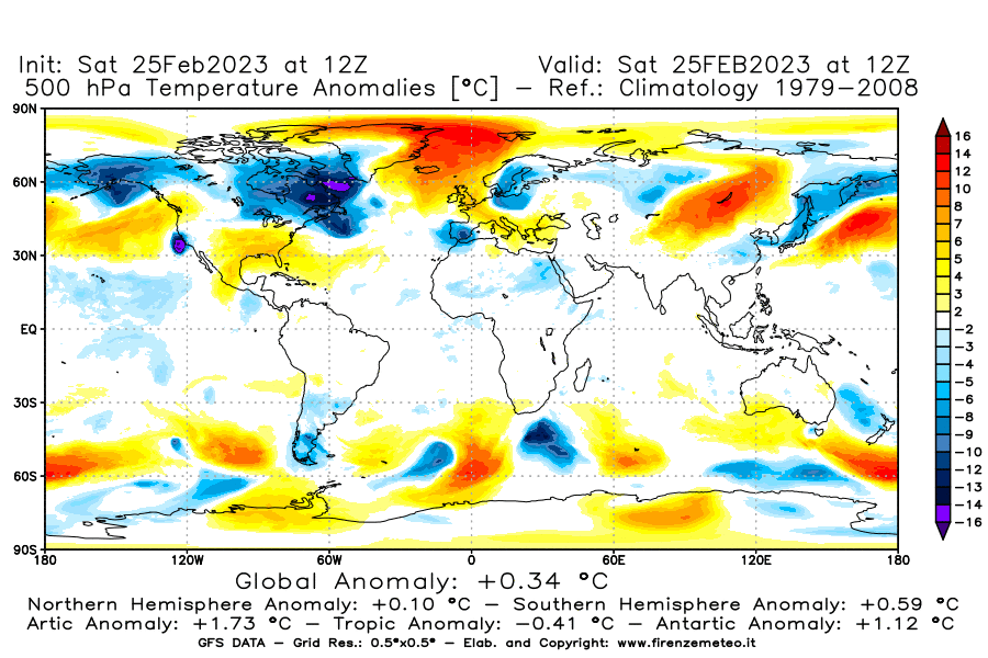 Mappa di analisi GFS - Anomalia Temperatura [°C] a 500 hPa in World
							del 25/02/2023 12 <!--googleoff: index-->UTC<!--googleon: index-->
