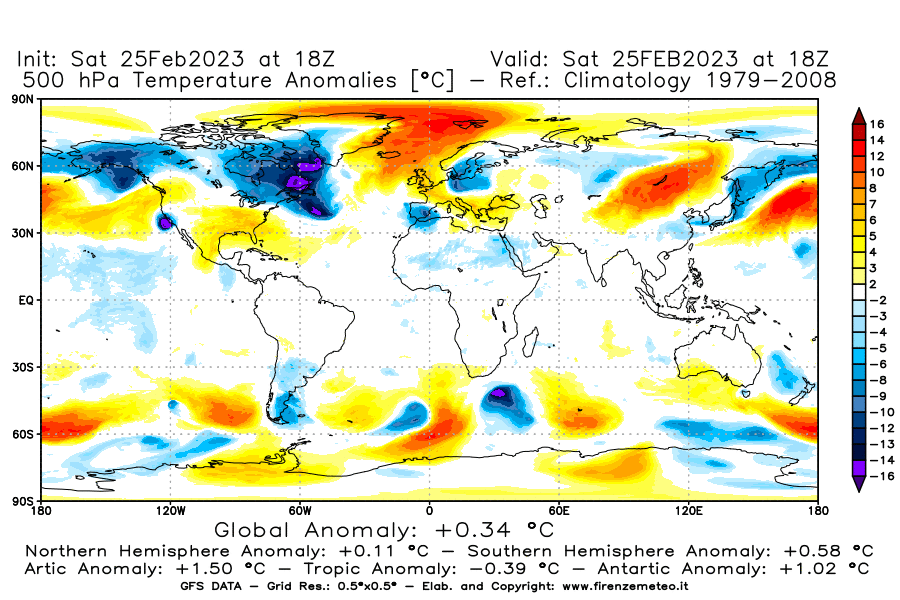 Mappa di analisi GFS - Anomalia Temperatura [°C] a 500 hPa in World
							del 25/02/2023 18 <!--googleoff: index-->UTC<!--googleon: index-->