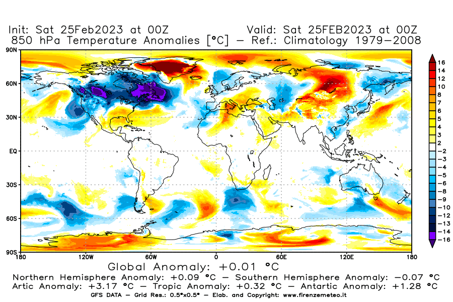 Mappa di analisi GFS - Anomalia Temperatura [°C] a 850 hPa in World
							del 25/02/2023 00 <!--googleoff: index-->UTC<!--googleon: index-->