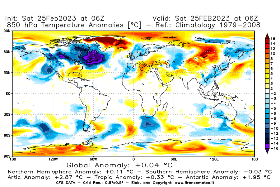 Mappa di analisi GFS - Anomalia Temperatura [°C] a 850 hPa in World
							del 25/02/2023 06 <!--googleoff: index-->UTC<!--googleon: index-->