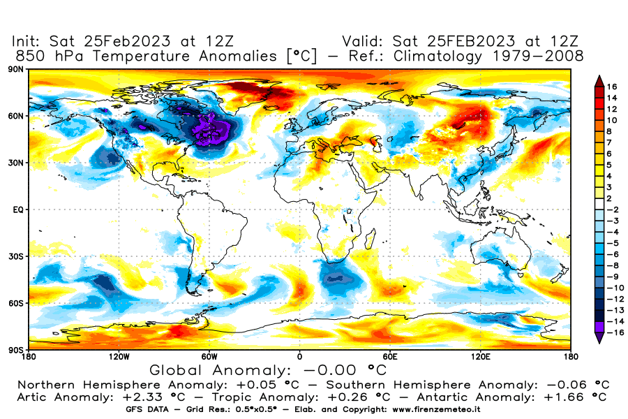 Mappa di analisi GFS - Anomalia Temperatura [°C] a 850 hPa in World
							del 25/02/2023 12 <!--googleoff: index-->UTC<!--googleon: index-->