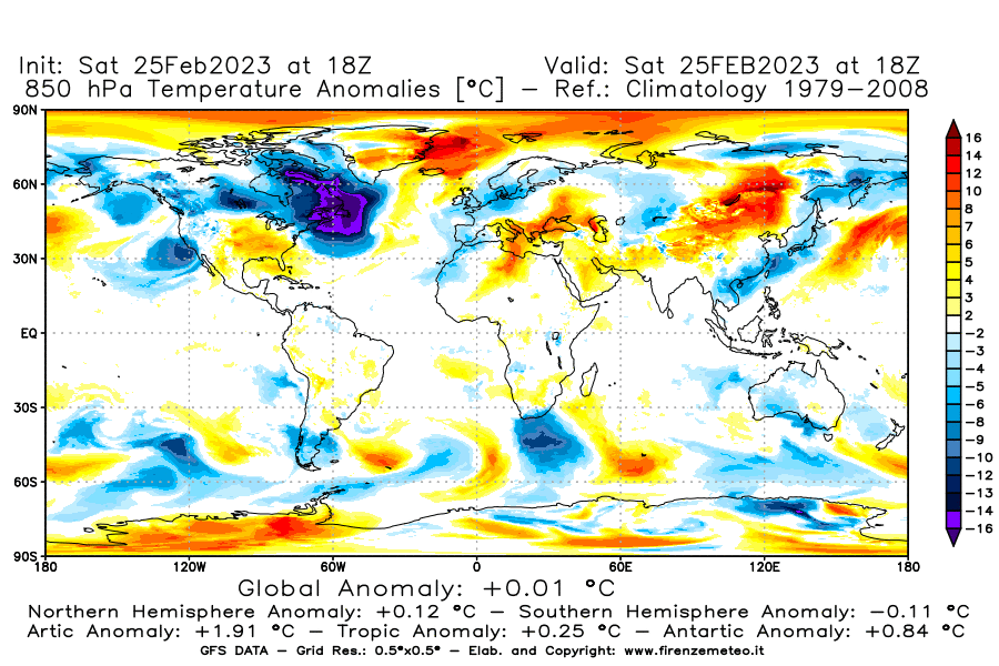 Mappa di analisi GFS - Anomalia Temperatura [°C] a 850 hPa in World
							del 25/02/2023 18 <!--googleoff: index-->UTC<!--googleon: index-->