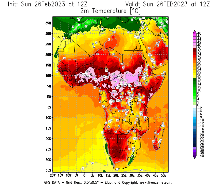 Mappa di analisi GFS - Temperatura a 2 metri dal suolo [°C] in Africa
							del 26/02/2023 12 <!--googleoff: index-->UTC<!--googleon: index-->