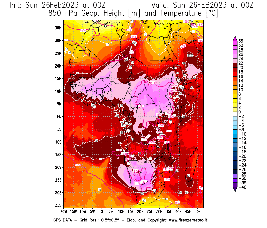 Mappa di analisi GFS - Geopotenziale [m] e Temperatura [°C] a 850 hPa in Africa
							del 26/02/2023 00 <!--googleoff: index-->UTC<!--googleon: index-->