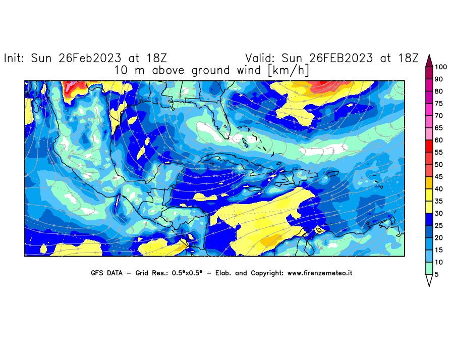 Mappa di analisi GFS - Velocità del vento a 10 metri dal suolo [km/h] in Centro-America
							del 26/02/2023 18 <!--googleoff: index-->UTC<!--googleon: index-->