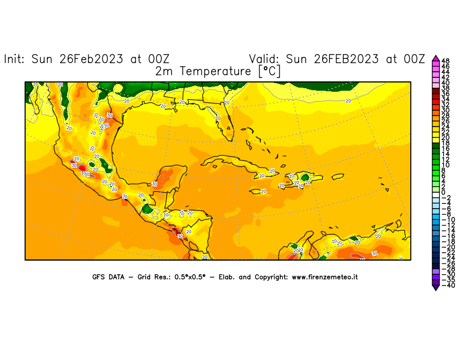 Mappa di analisi GFS - Temperatura a 2 metri dal suolo [°C] in Centro-America
							del 26/02/2023 00 <!--googleoff: index-->UTC<!--googleon: index-->