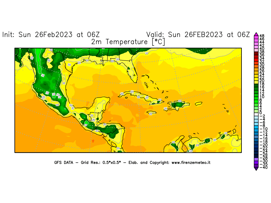 Mappa di analisi GFS - Temperatura a 2 metri dal suolo [°C] in Centro-America
							del 26/02/2023 06 <!--googleoff: index-->UTC<!--googleon: index-->