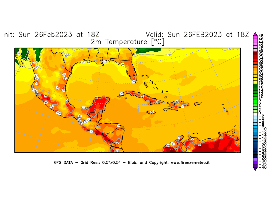 Mappa di analisi GFS - Temperatura a 2 metri dal suolo [°C] in Centro-America
							del 26/02/2023 18 <!--googleoff: index-->UTC<!--googleon: index-->