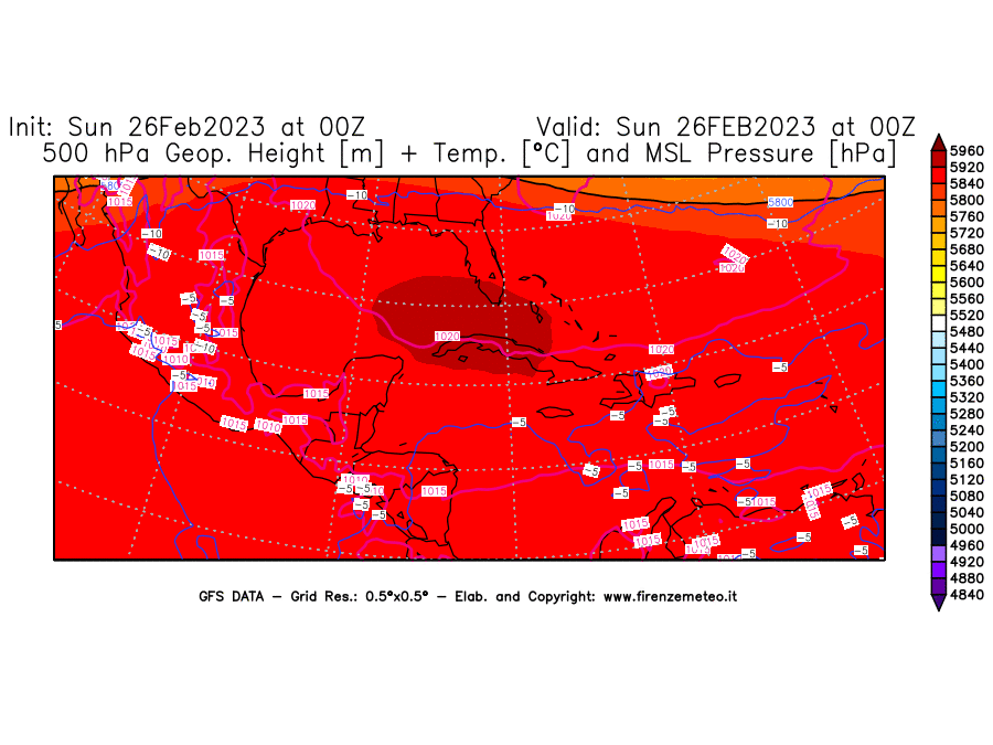 Mappa di analisi GFS - Geopotenziale [m] + Temp. [°C] a 500 hPa + Press. a livello del mare [hPa] in Centro-America
							del 26/02/2023 00 <!--googleoff: index-->UTC<!--googleon: index-->