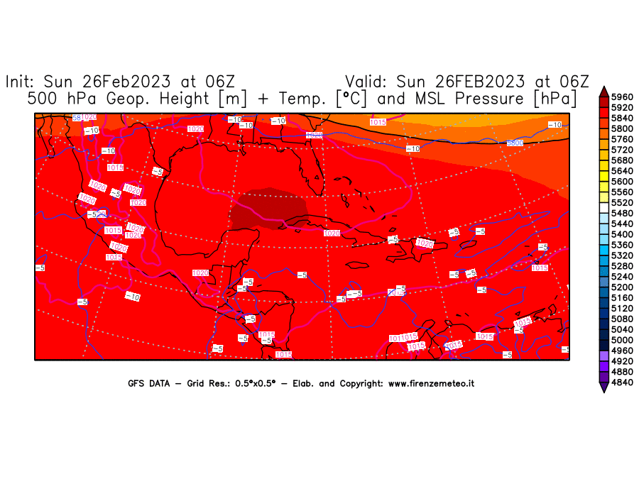 Mappa di analisi GFS - Geopotenziale [m] + Temp. [°C] a 500 hPa + Press. a livello del mare [hPa] in Centro-America
							del 26/02/2023 06 <!--googleoff: index-->UTC<!--googleon: index-->
