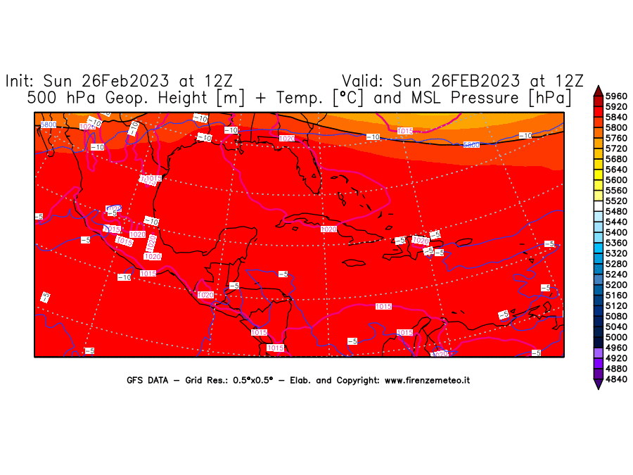 Mappa di analisi GFS - Geopotenziale [m] + Temp. [°C] a 500 hPa + Press. a livello del mare [hPa] in Centro-America
							del 26/02/2023 12 <!--googleoff: index-->UTC<!--googleon: index-->