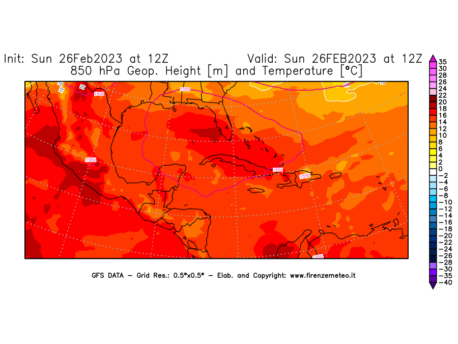 Mappa di analisi GFS - Geopotenziale [m] e Temperatura [°C] a 850 hPa in Centro-America
							del 26/02/2023 12 <!--googleoff: index-->UTC<!--googleon: index-->