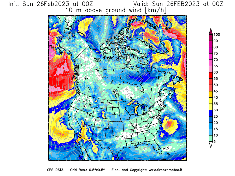 Mappa di analisi GFS - Velocità del vento a 10 metri dal suolo [km/h] in Nord-America
							del 26/02/2023 00 <!--googleoff: index-->UTC<!--googleon: index-->