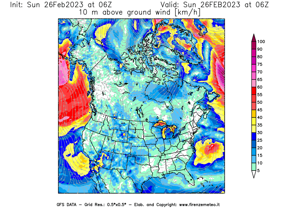 Mappa di analisi GFS - Velocità del vento a 10 metri dal suolo [km/h] in Nord-America
							del 26/02/2023 06 <!--googleoff: index-->UTC<!--googleon: index-->