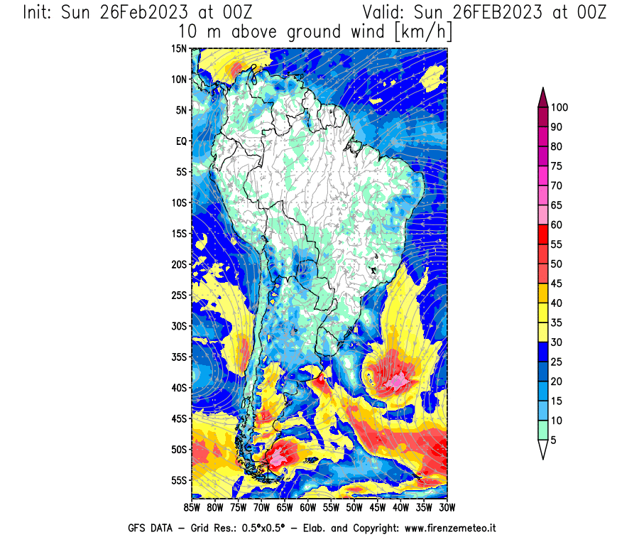 Mappa di analisi GFS - Velocità del vento a 10 metri dal suolo [km/h] in Sud-America
							del 26/02/2023 00 <!--googleoff: index-->UTC<!--googleon: index-->