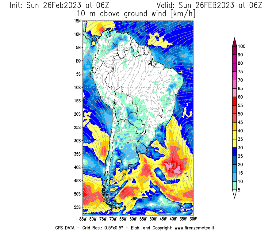 Mappa di analisi GFS - Velocità del vento a 10 metri dal suolo [km/h] in Sud-America
							del 26/02/2023 06 <!--googleoff: index-->UTC<!--googleon: index-->
