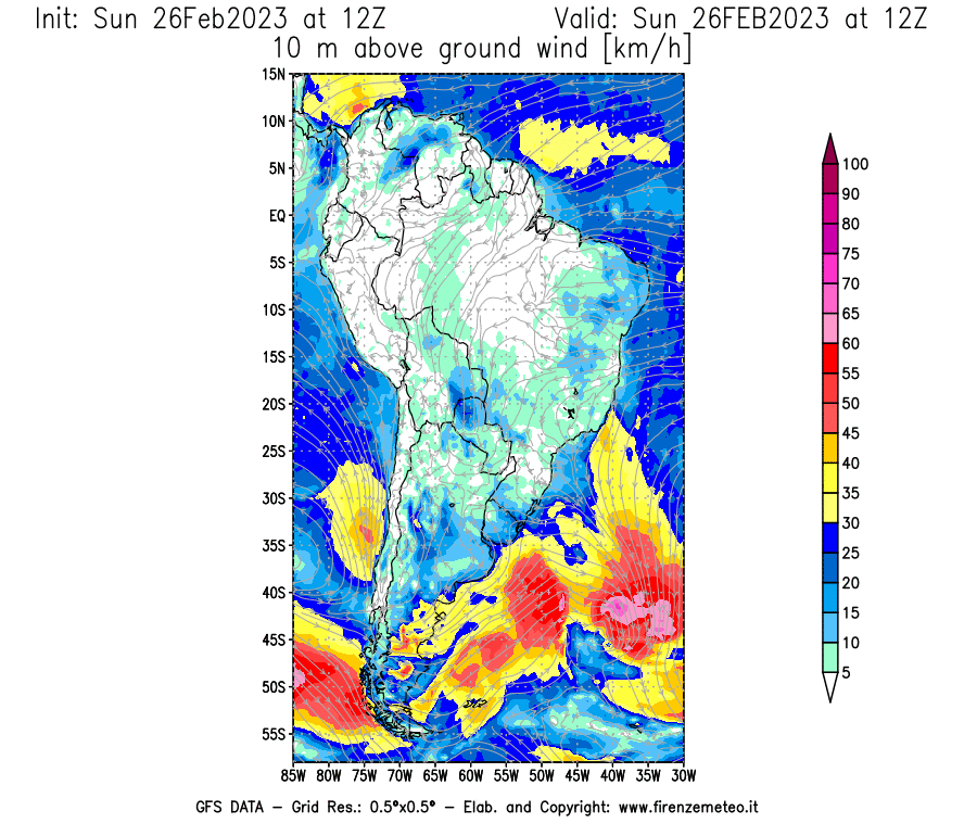 Mappa di analisi GFS - Velocità del vento a 10 metri dal suolo [km/h] in Sud-America
							del 26/02/2023 12 <!--googleoff: index-->UTC<!--googleon: index-->