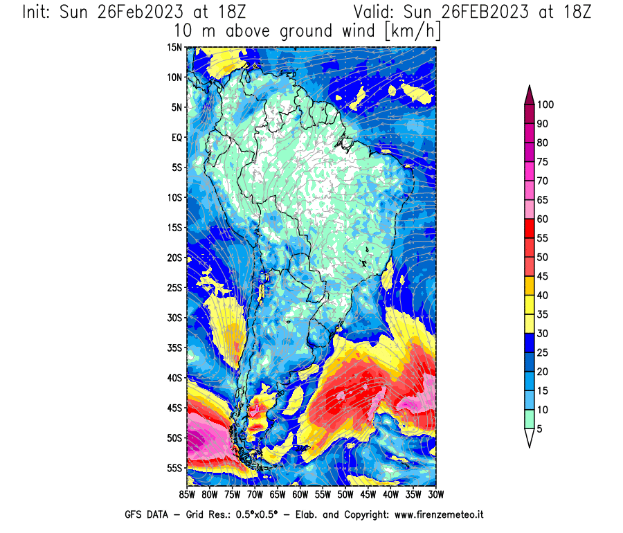 Mappa di analisi GFS - Velocità del vento a 10 metri dal suolo [km/h] in Sud-America
							del 26/02/2023 18 <!--googleoff: index-->UTC<!--googleon: index-->