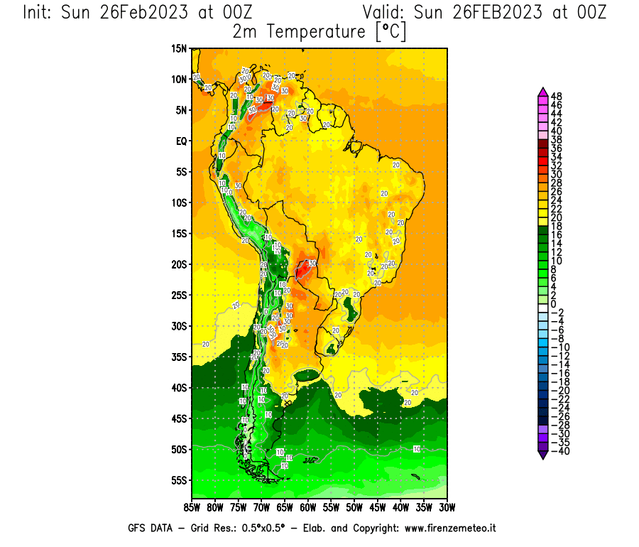 Mappa di analisi GFS - Temperatura a 2 metri dal suolo [°C] in Sud-America
							del 26/02/2023 00 <!--googleoff: index-->UTC<!--googleon: index-->