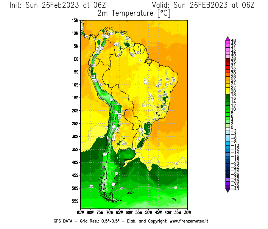 Mappa di analisi GFS - Temperatura a 2 metri dal suolo [°C] in Sud-America
							del 26/02/2023 06 <!--googleoff: index-->UTC<!--googleon: index-->