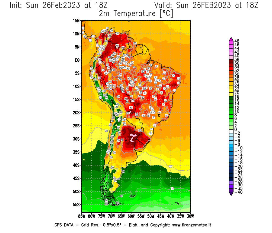 Mappa di analisi GFS - Temperatura a 2 metri dal suolo [°C] in Sud-America
							del 26/02/2023 18 <!--googleoff: index-->UTC<!--googleon: index-->
