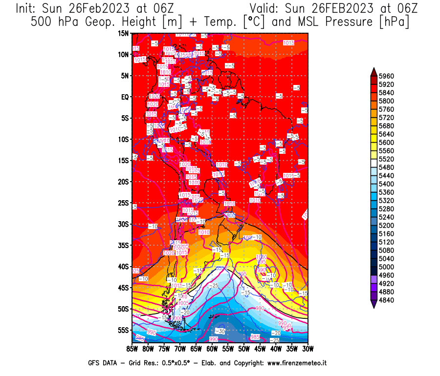 Mappa di analisi GFS - Geopotenziale [m] + Temp. [°C] a 500 hPa + Press. a livello del mare [hPa] in Sud-America
							del 26/02/2023 06 <!--googleoff: index-->UTC<!--googleon: index-->