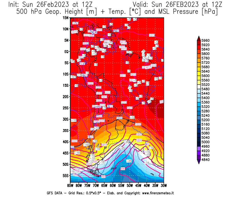 Mappa di analisi GFS - Geopotenziale [m] + Temp. [°C] a 500 hPa + Press. a livello del mare [hPa] in Sud-America
							del 26/02/2023 12 <!--googleoff: index-->UTC<!--googleon: index-->