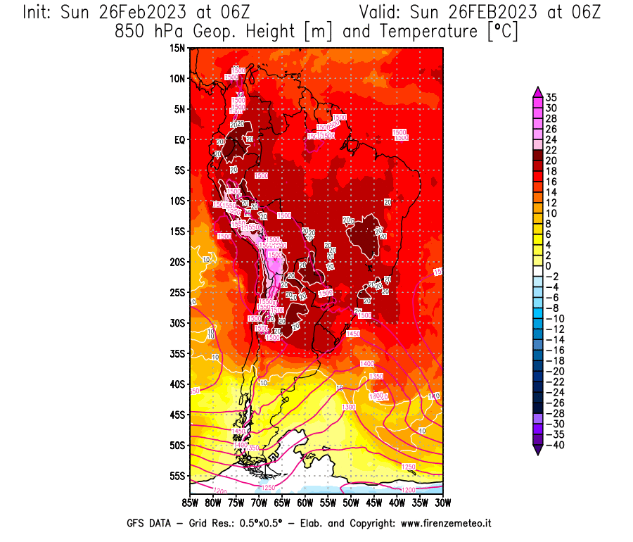 Mappa di analisi GFS - Geopotenziale [m] e Temperatura [°C] a 850 hPa in Sud-America
							del 26/02/2023 06 <!--googleoff: index-->UTC<!--googleon: index-->