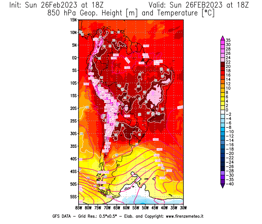 Mappa di analisi GFS - Geopotenziale [m] e Temperatura [°C] a 850 hPa in Sud-America
							del 26/02/2023 18 <!--googleoff: index-->UTC<!--googleon: index-->