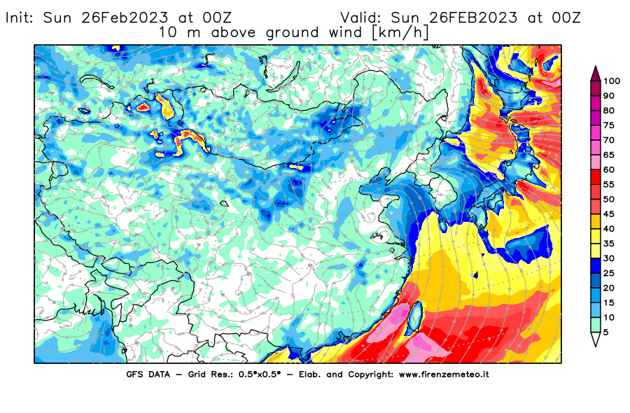 Mappa di analisi GFS - Velocità del vento a 10 metri dal suolo [km/h] in Asia Orientale
							del 26/02/2023 00 <!--googleoff: index-->UTC<!--googleon: index-->