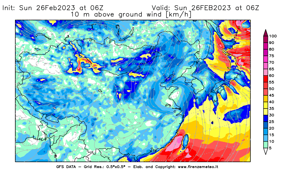 Mappa di analisi GFS - Velocità del vento a 10 metri dal suolo [km/h] in Asia Orientale
							del 26/02/2023 06 <!--googleoff: index-->UTC<!--googleon: index-->