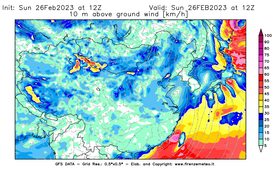 Mappa di analisi GFS - Velocità del vento a 10 metri dal suolo [km/h] in Asia Orientale
							del 26/02/2023 12 <!--googleoff: index-->UTC<!--googleon: index-->